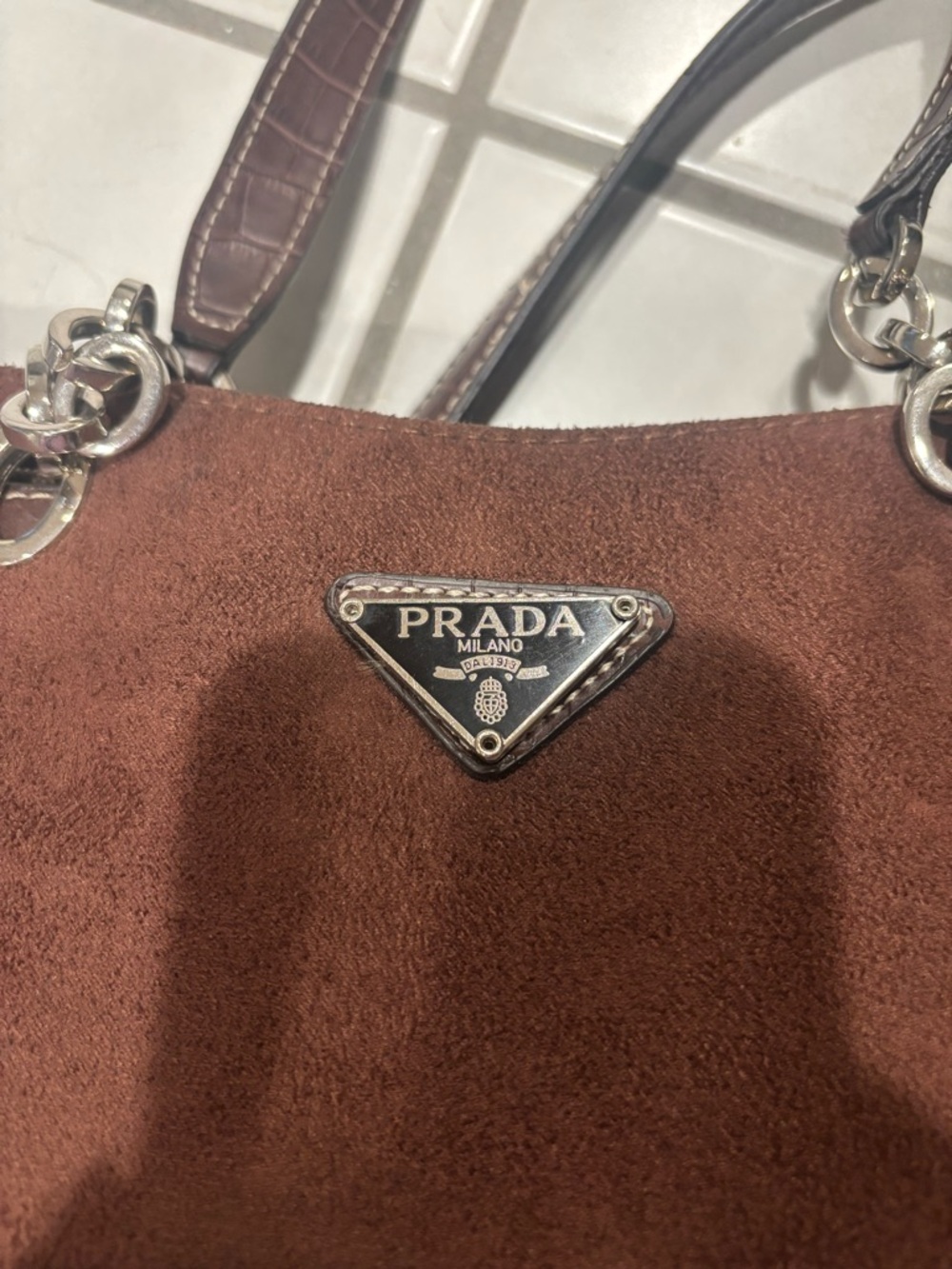 Prada Milano Faux Dark Brown Suede Shoulder Bag with Silver Chain Straps - Picture 4 of 6